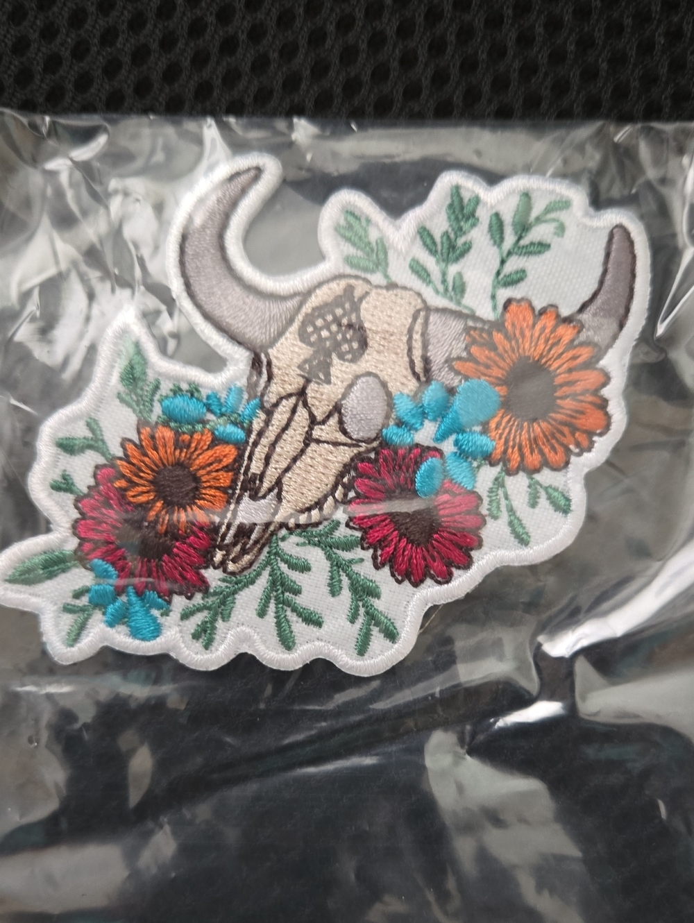 Embroidered Floral Bull Skull Patch in Cream, Orange, Teal & Burgundy